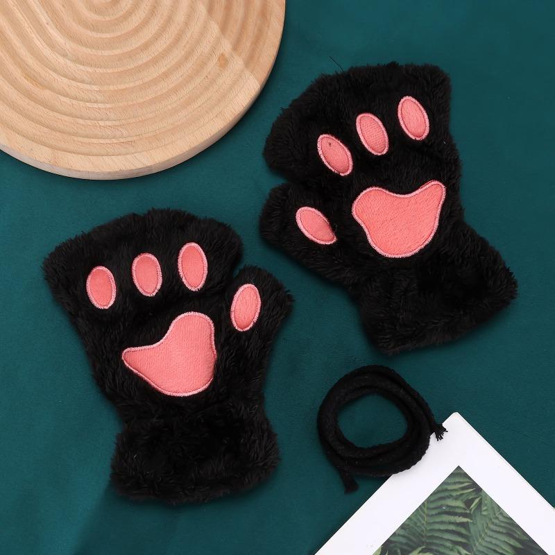 Cartoon cat claw gloves female winter cute girl bare finger thickened warm bear paw plush half finger gloves