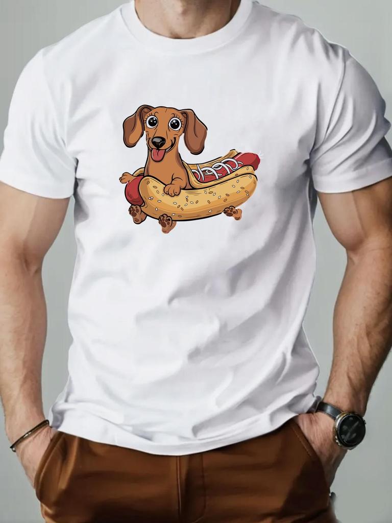 ZX Summer Mens Casual Summer Cartoon Sausage Dog Hot Dog Pattern Tshirt  Lightweight and Breathable Round Neck Top Adult Style