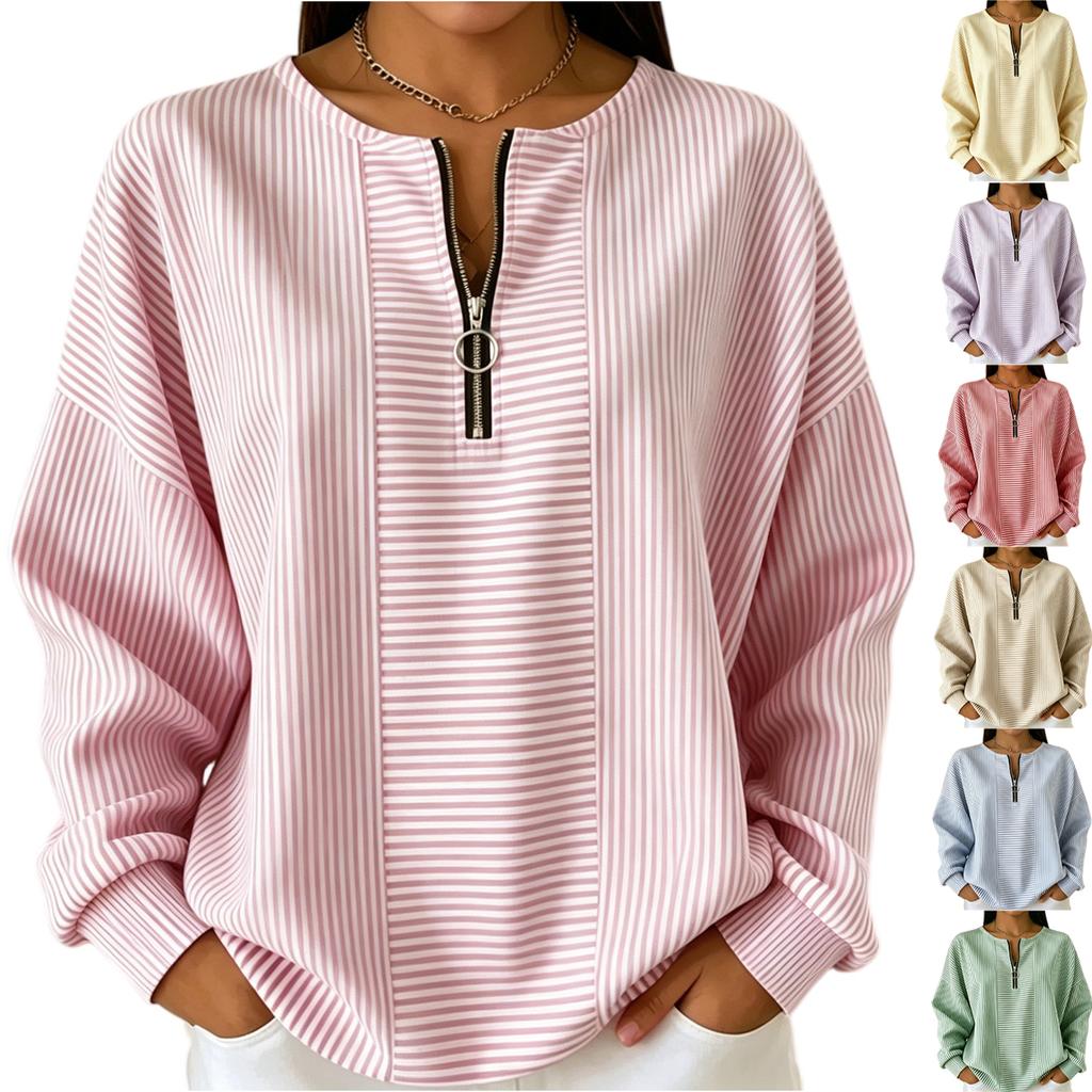 Women Striped Crew Neck Half Zip Loose Fit Long Sleeve Pullover Top Casual Lightweight Comfortable Blouse for Daily Wear