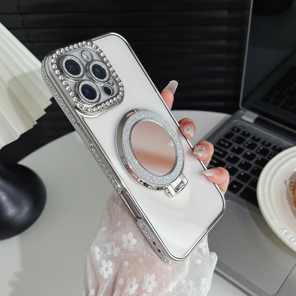 Girls Cute Glitter Diamond Makeup Mirror Camera Lens Protector Bumper Phone Case With Stand For iPhone 17 16 Pro Max Samsung S25 S24 Protective Cover