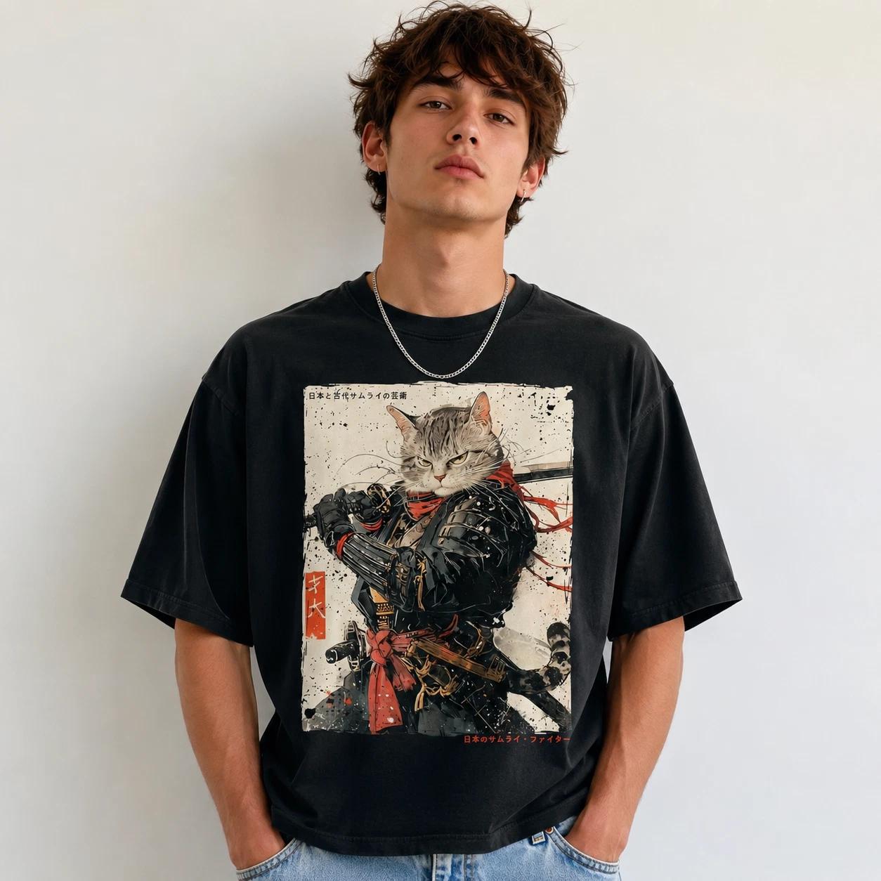 Samurai Cat Warrior Graphic T-Shirt Ukiyo-e Japanese Ink Art Tee S