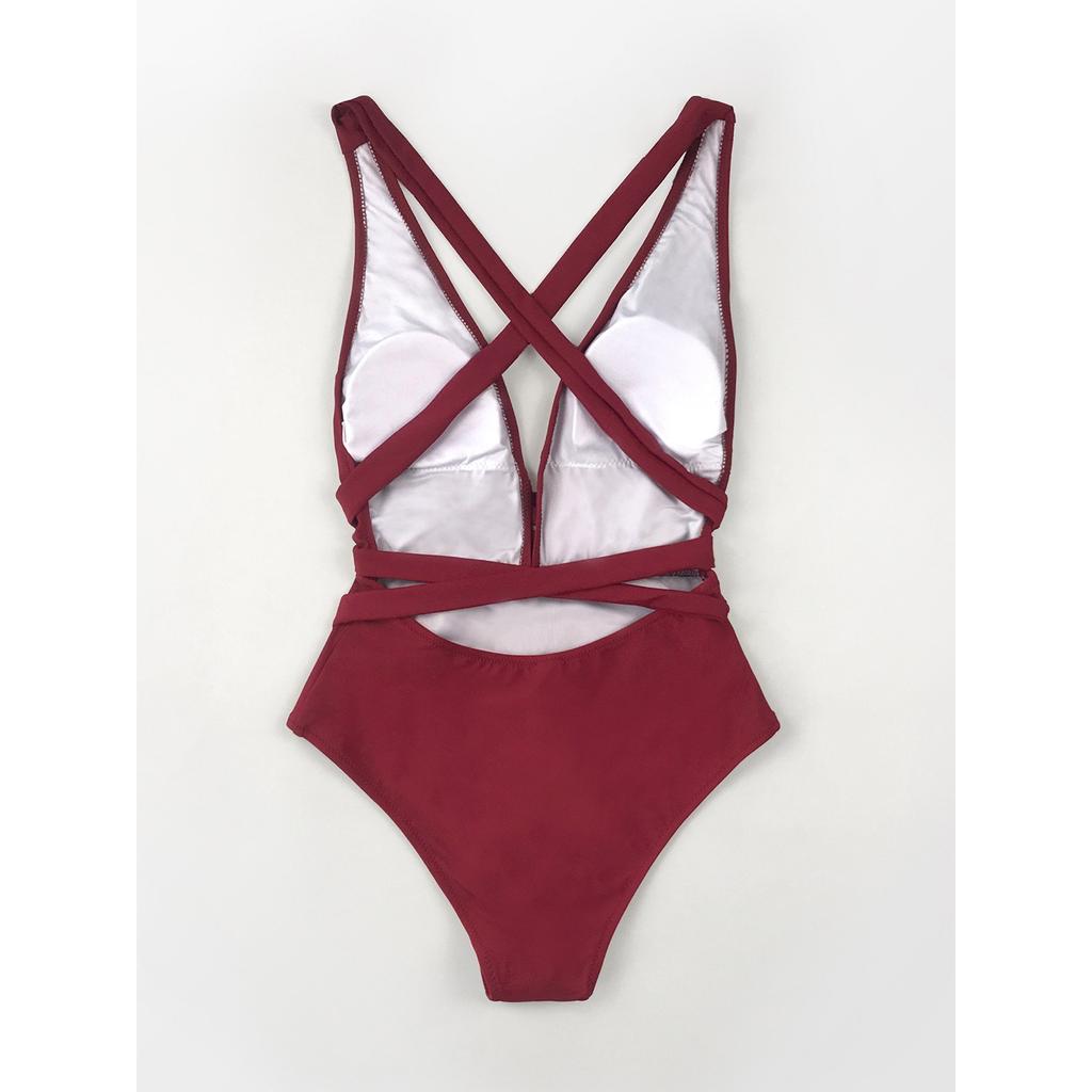 Damenmode Lässiger roter einteiliger Badeanzug mit tiefem V-Ausschnitt und Riemen