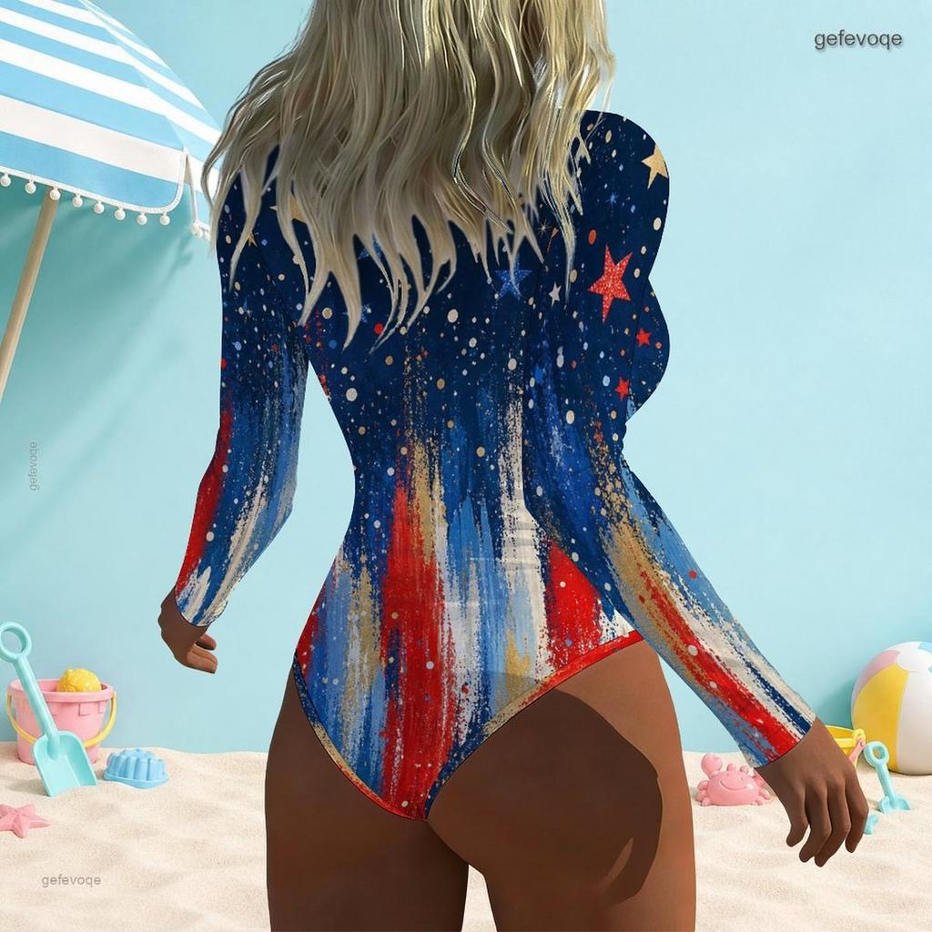 Women Plus Size High Neck Front Zip Long Sleeve One Piece Printed Swimsuit Red Blue White