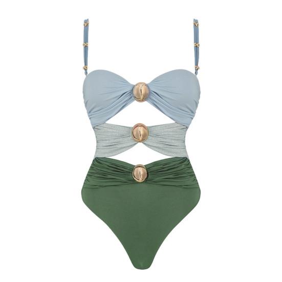 Women Sexy Monokini Decor Patchwork Swimsuit Hollow Out One-piece Sling Sleeveless Metal Button Color High