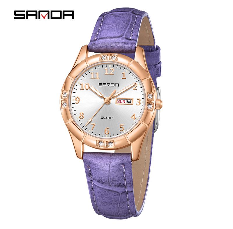 

Sanda Women s Sunburst Luminous Casual Quartz Watch with Leather Strap & Dual Calendar фіолетовий