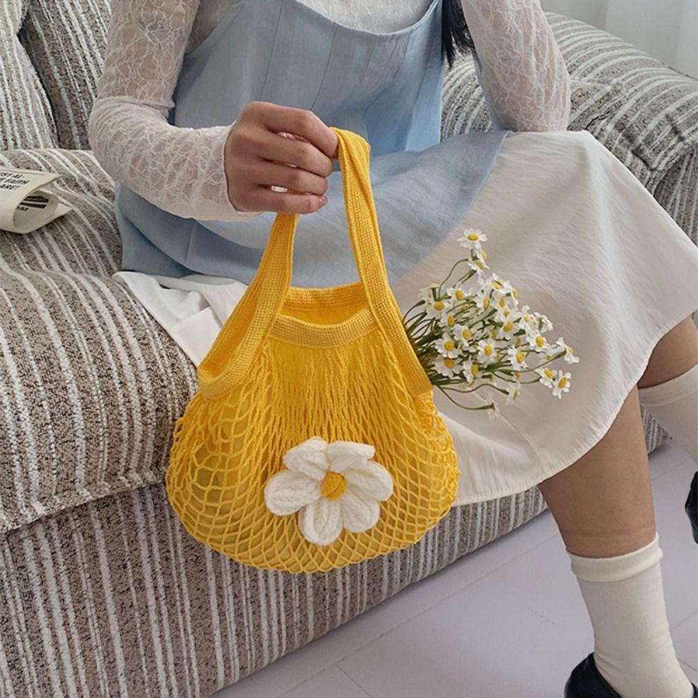 Summer Woven Handbag Flower Nylon Mesh Tote Bag Sweet Grocery Bag  Women