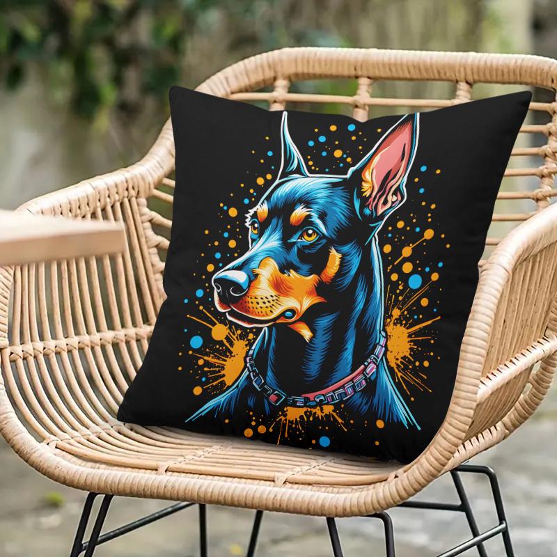 Doberman Dog Art Pillow Cover 2D Printed Polyester Sofa Cushion Case – Vibrant Pet Portrait For Home & Outdoor Decor