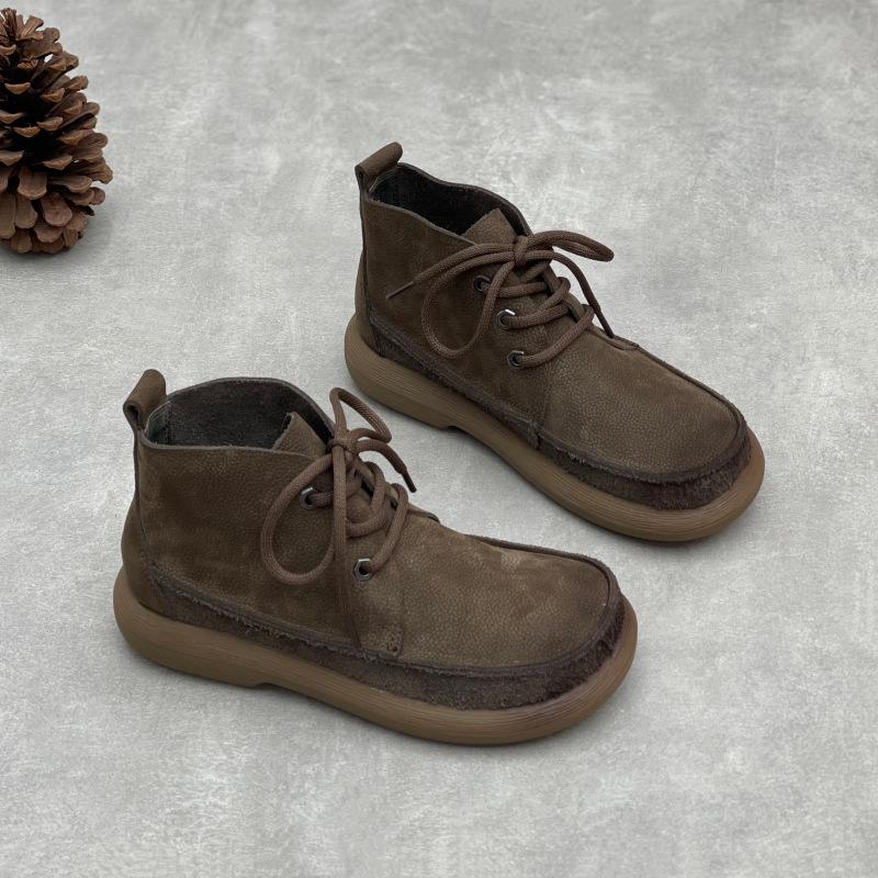 Warm Women's Cotton Boots, Flat Lace-up Round Toe Casual Soft Leather Cotton Shoes