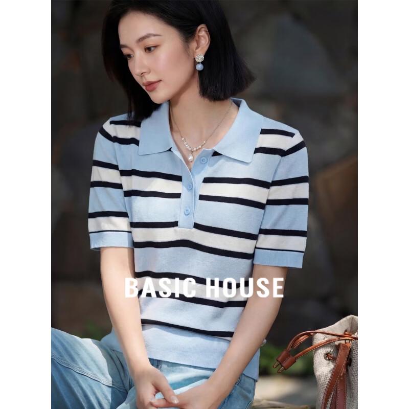 Basic House Women s Striped Lyocell Polo Knit Top L