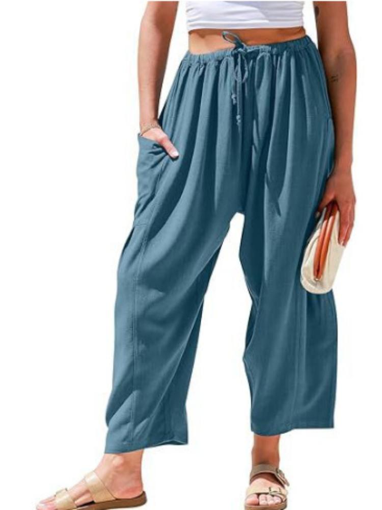 Elastic waisted pleated high waisted wide leg pants, loose casual cotton and linen pants