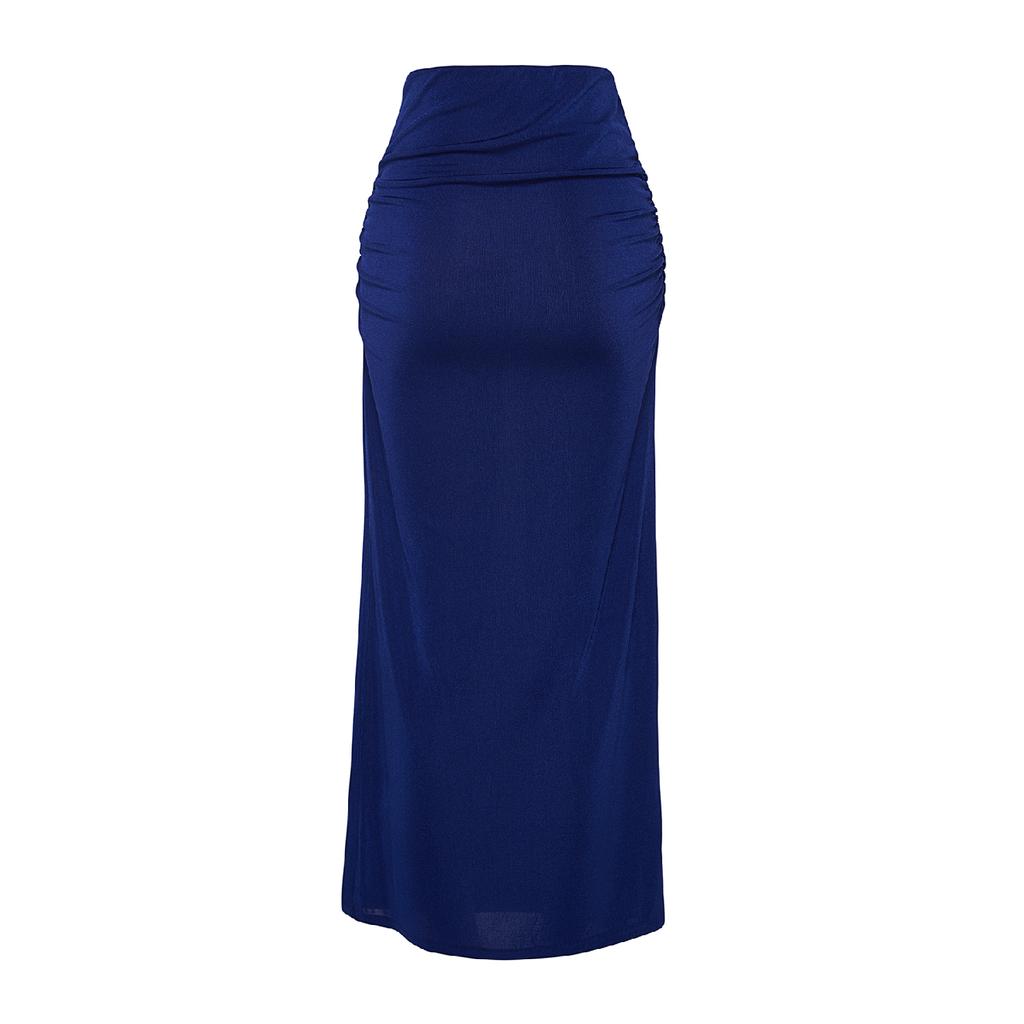 Navy Blue Premium Shiny Surface And Soft Textured Draped Maxi Knitted Skirt Twoaw24et00090