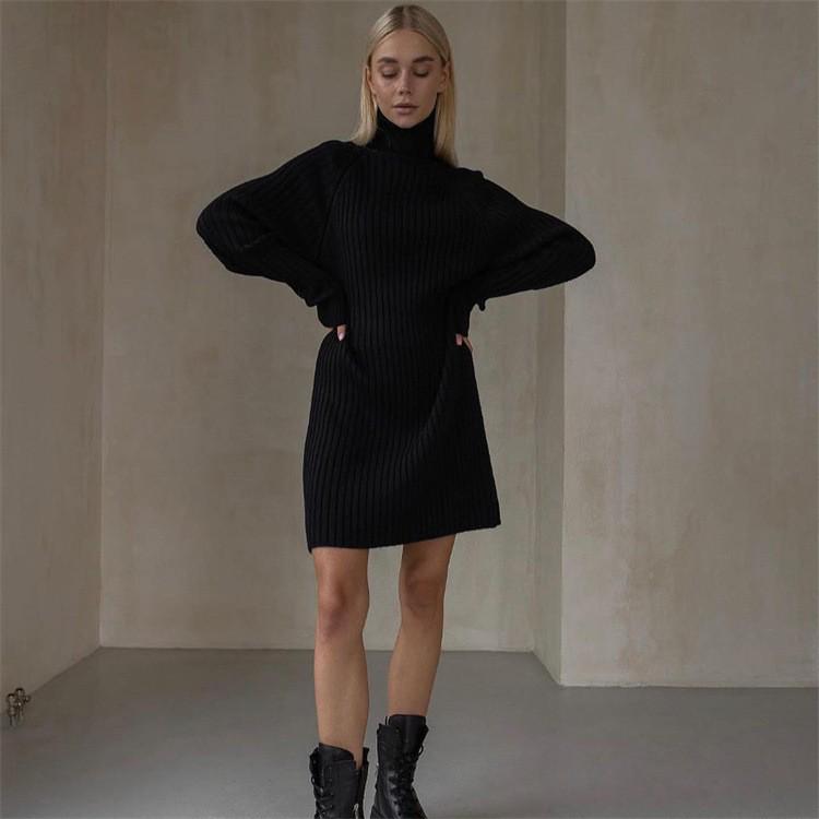 Women's Casual Thick Ribbed Long Sleeve Turtleneck Sweater Dress, Solid Color, Bodycon Fit, Autumn Winter 2024.