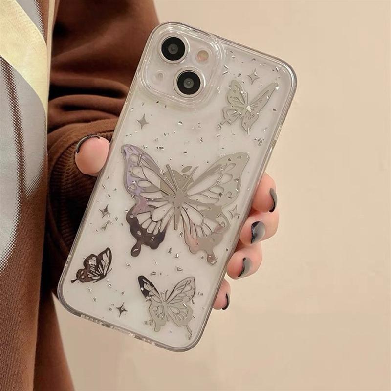 Electroplated Butterfly 17 Phone Case for IPhone 16 Promax Precision Hole Lens Full Package for Apple 15 Silver Foil Transparent