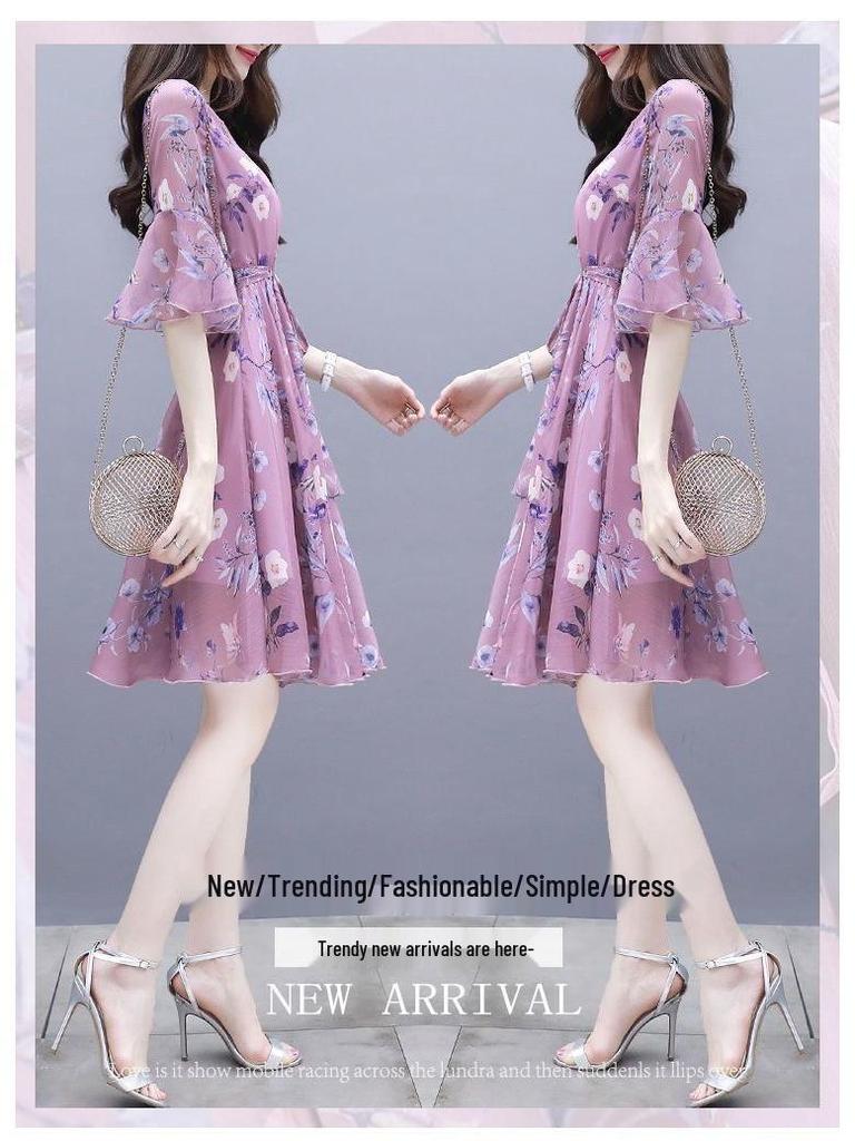 2025 Summer Women's Slim Waist Midi Floral Dress