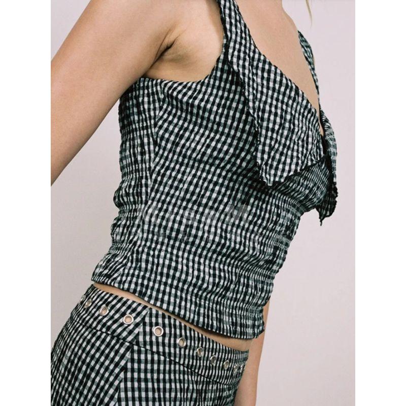 Vichy Style Miaou American Style Sexy Skinny Slimming Plaid Small Sling + Asymmetrical Skirt Two-piece Set