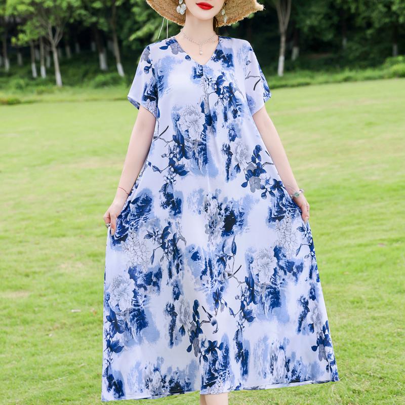 Elegant Women's Dresses Summer Vintage Clothes Plus Size Short Sleeve Casual Loose Long Dress