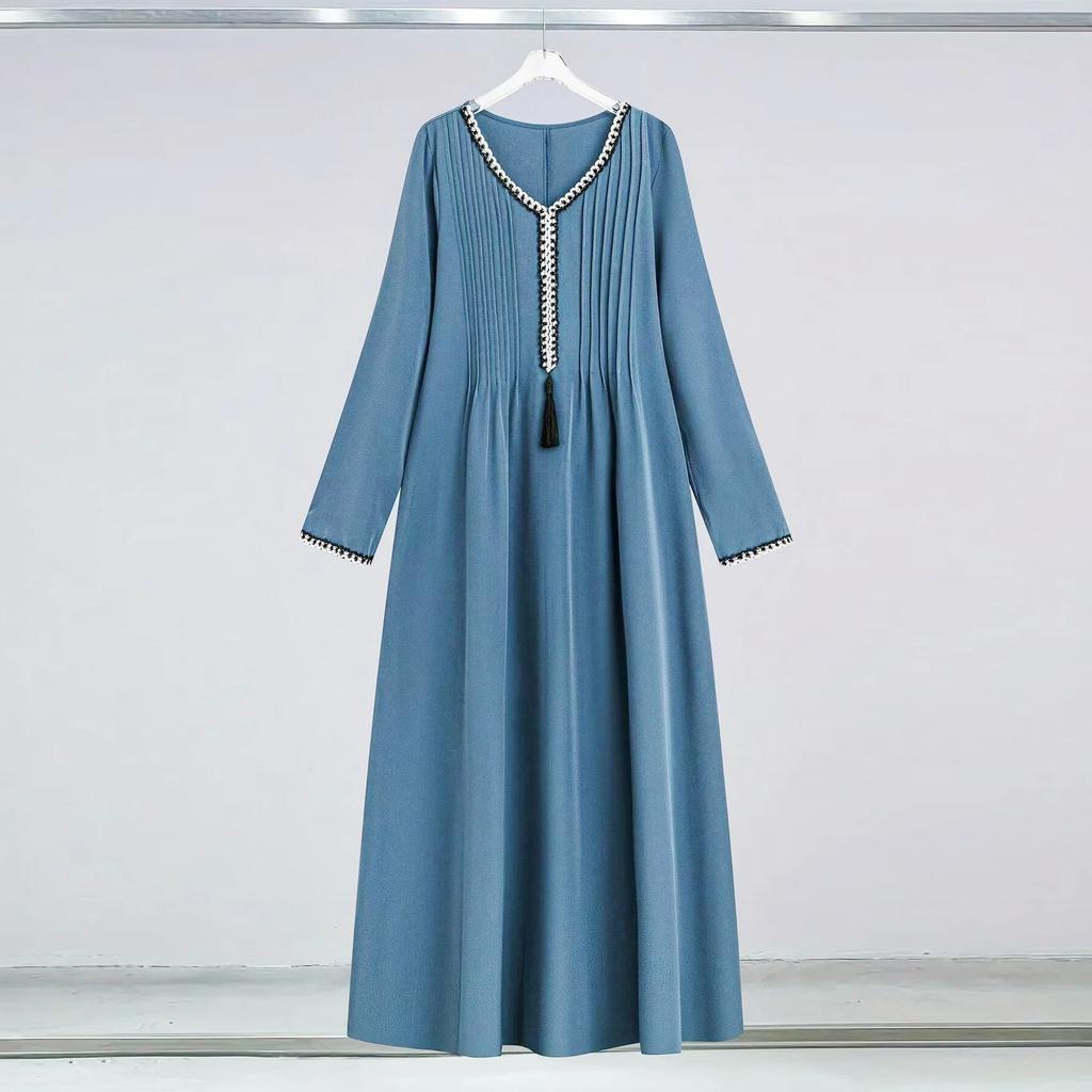 Women's V-Neck Pleated Casual Long Sleeve Arabian Dress Kaftan Clothing Woman Maxi Dresses
