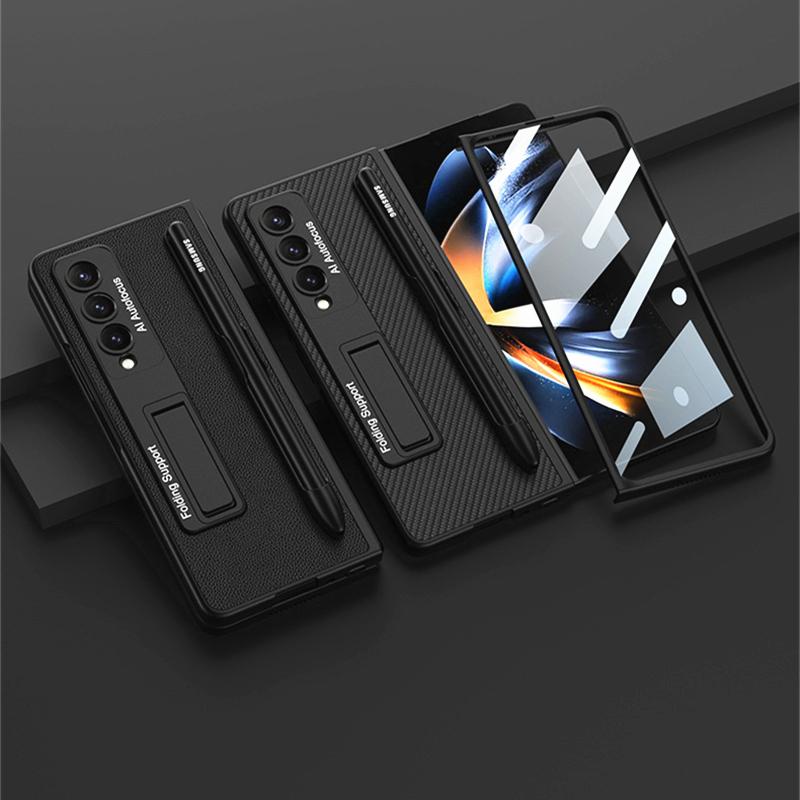 Bracket Leather Pen Slot Cover For Samsung Galaxy Z Fold 4 Case Hard Full Protection Cover With Front Film (No Pen )