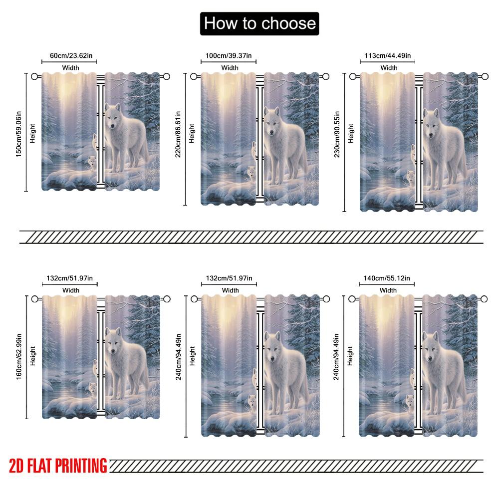 Set Of 2 Flat Printing Curtains Winter Wolf Pack Snow Digital Printed Polyester Drapes Festive Portraits Curtain