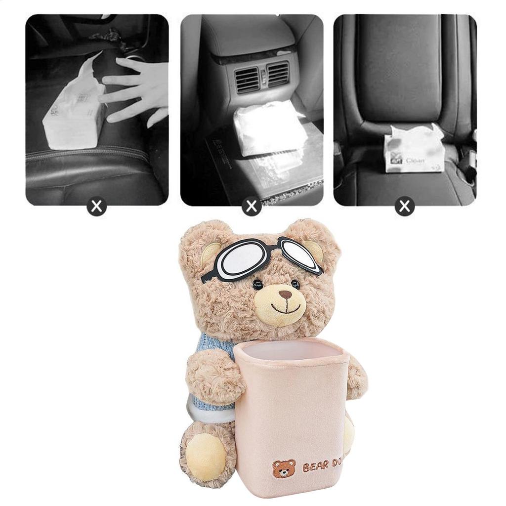 1pcs Car Tissue Box Auto Cartoon Trush Can 2-in-1 Leakproof Plush Bear Tissue Holder And Trash Can For Vehicle Home Travel
