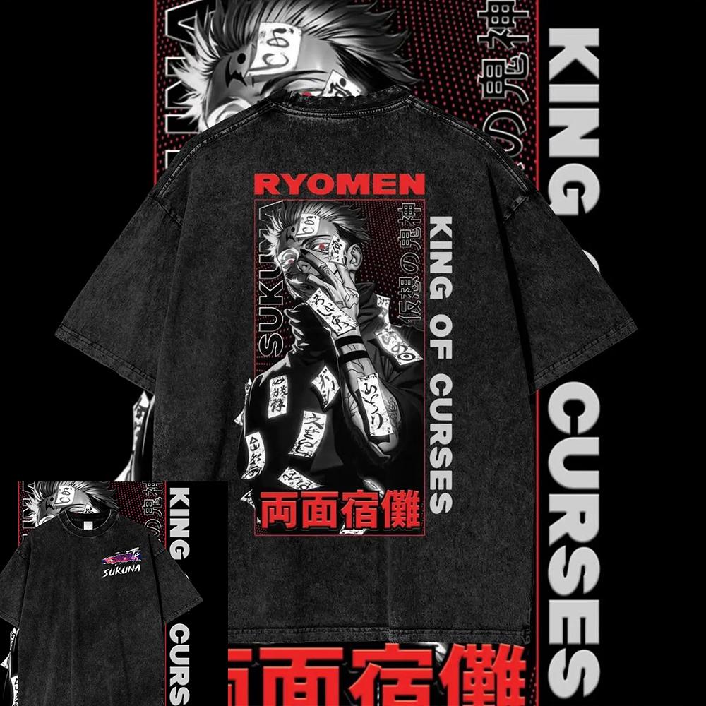 

Японское аниме Jujutsu Kaisen Рёмен Сукуна Принт Футболка Мужская Манга Хлопковые футболки Винтажная стирка Футболка Харадзюку Мужские топы XXL чёрный