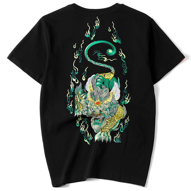 

Men s Chinese Style Embroidered Pixiu T-Shirt - Short Sleeve Casual Cotton Shirt 3XL чорний