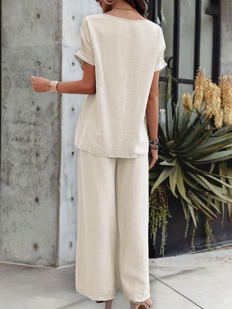 Women's Casual Fashion Solid Color Short Sleeve Long Pants Set