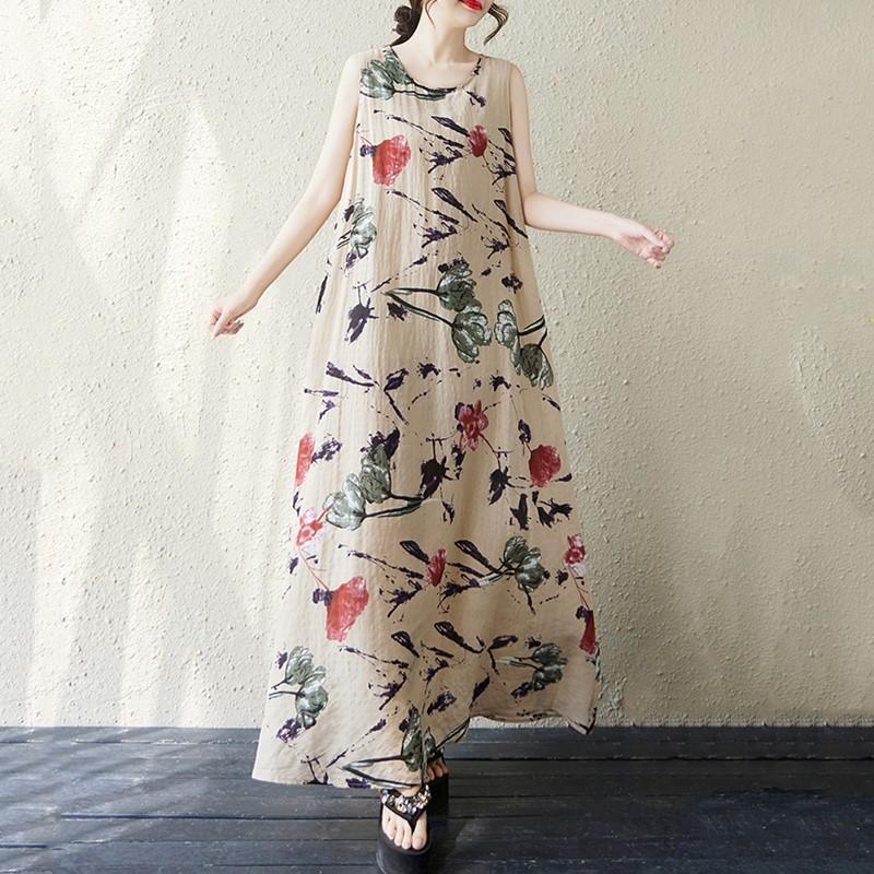 Sleeveless Plus Size Cotton Vintage Floral New In Dresses for Women Casual Loose Long Summer Dress