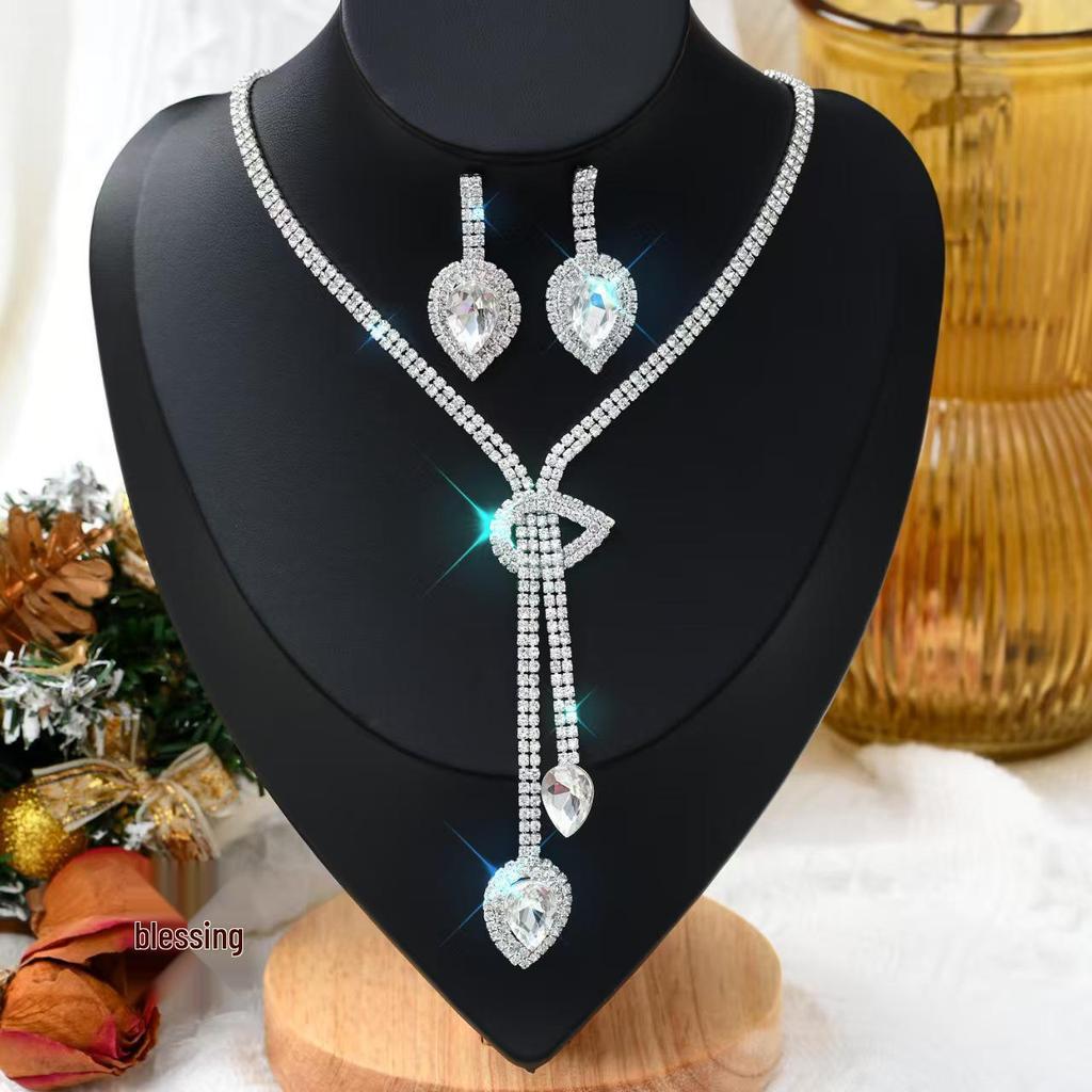 Sparkling Diamond Necklace and Earrings Set for Bride - Elegant Wedding and Evening Jewelry