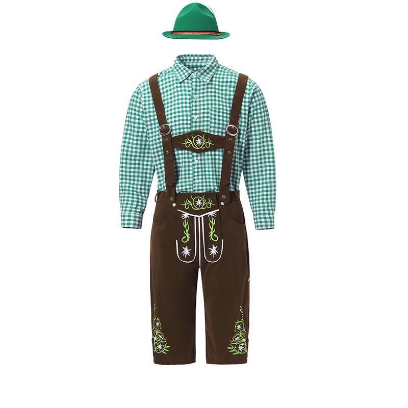 Men's Oktoberfest Outfit: Plaid Shirt, Denim Overalls, and Hat