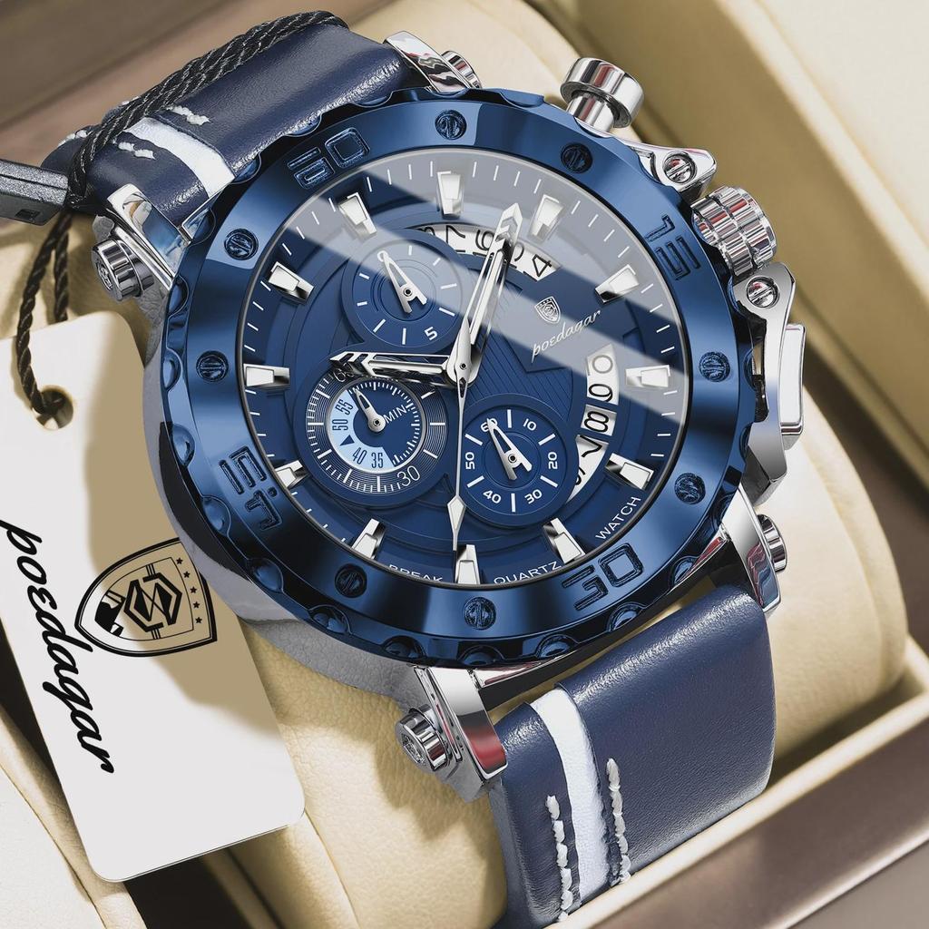 POEDAGAR Top Military Man Wristwatch Waterproof Luminous Date Fashion Chronograph Leather Sports Men's Quartz Watches