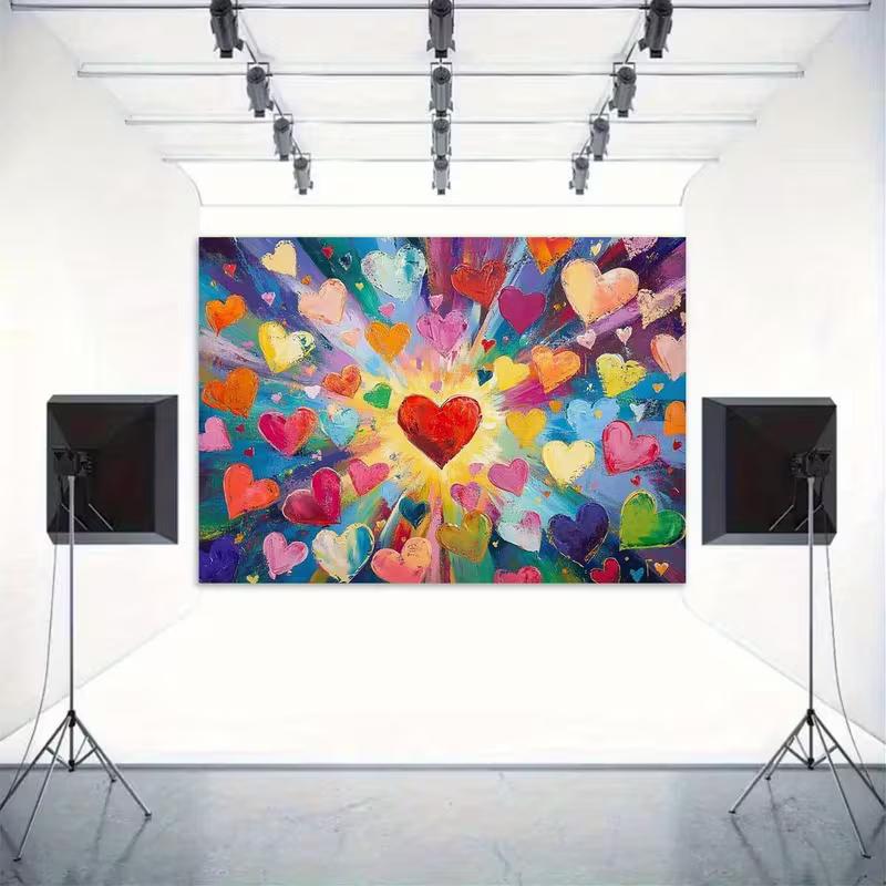 Whimsical Heart Art Tapestry, Burst of Multicolored Hearts in an Impressionist Style, Joyful Modern Wall Art