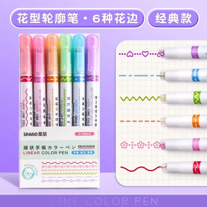 3/6/8pcs Line Shaped Highlighter Roller Tip Curve Liner Marker Pens Kawaii Graffiti Pen Korean Stationery School Office Supplies