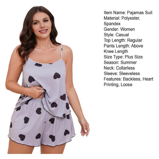 2 Pcs/Set Women Vest Shorts Suit Collarless Sleeveless Heart Printing Top High Waist Short Trousers Homewear Loungewear Outfit Summer Loungewear