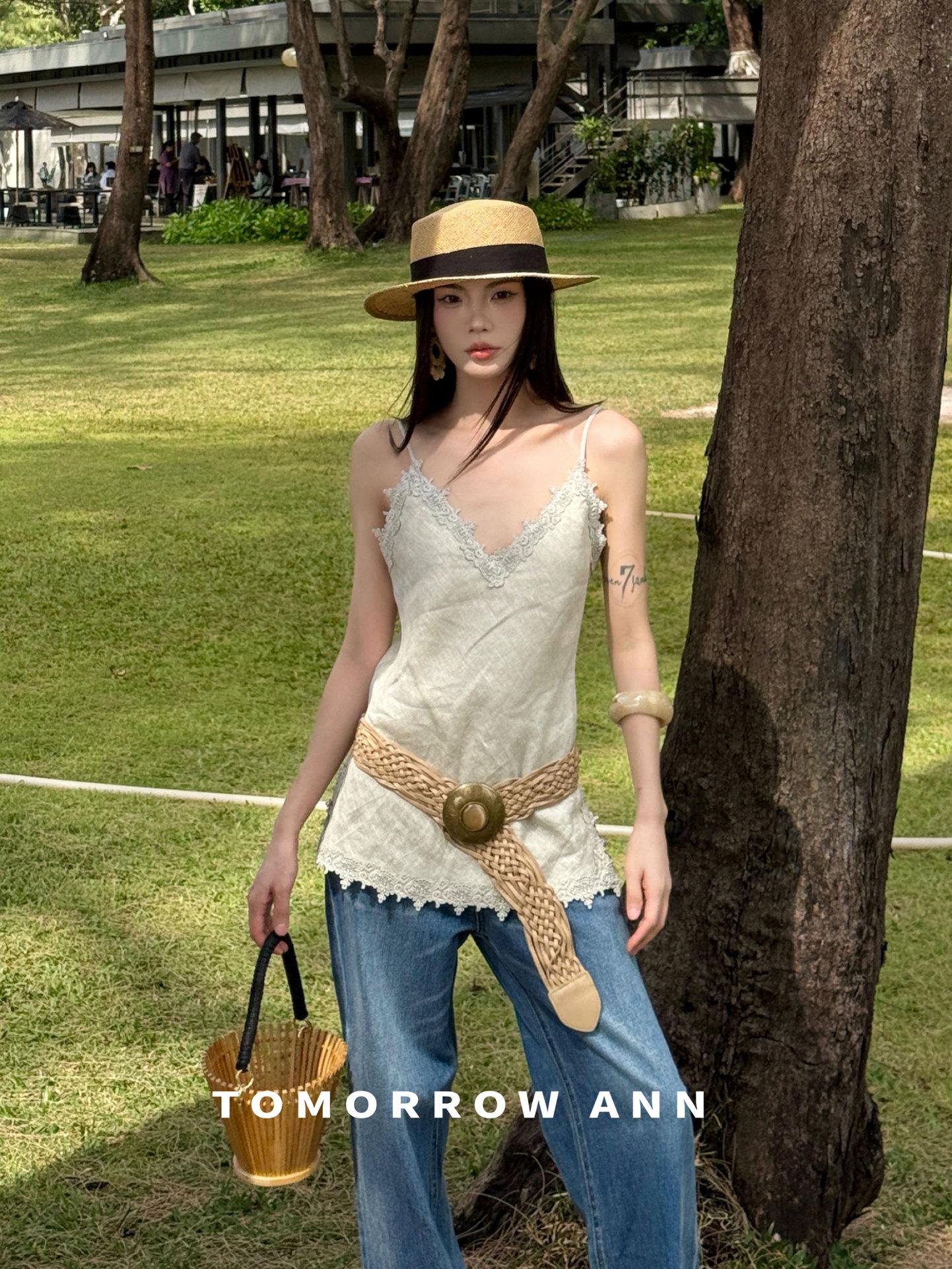TOMORROWANNV Pure Linen Lace French-Style Sleeveless Camisole - Spring/Summer Medium