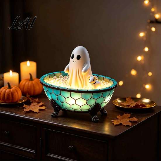 Creative Niche Gift for Collectors Ghost Bubble Bath Lamp Cute Night Light Halloween Decor Decorative Hand Painted Resin Figurine & Puppy