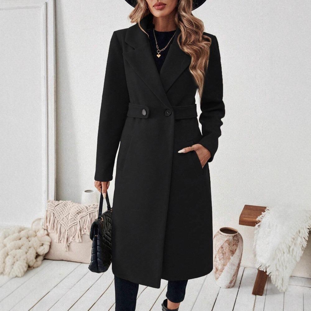 Women's Lapel Long Sleeve Wool Coat Straight Fit Solid Color Urban Commuter Long Overcoat