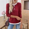 Autumn and Winter New Women's Fake Two-piece Crew Neck Button Pullover Polished Long-sleeved T-shirt
