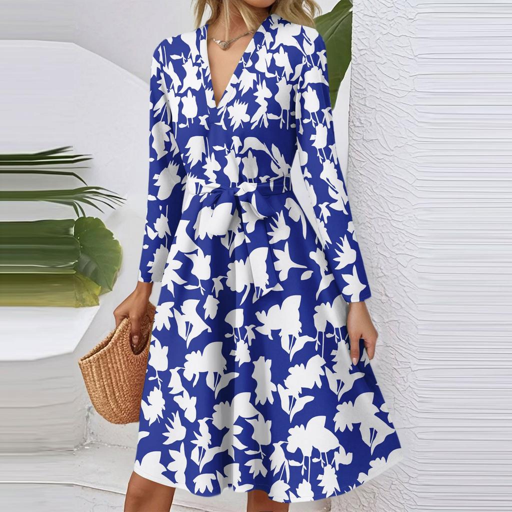 Dámské módní ležérní šaty midi s výstřihem do V, dlouhým rukávem, v pase a s květinovým potiskem