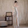 Evening Dress Women's   New High-end Banquet Host Fishtail Dress Sequins Sexy Shoulder Silver Dress