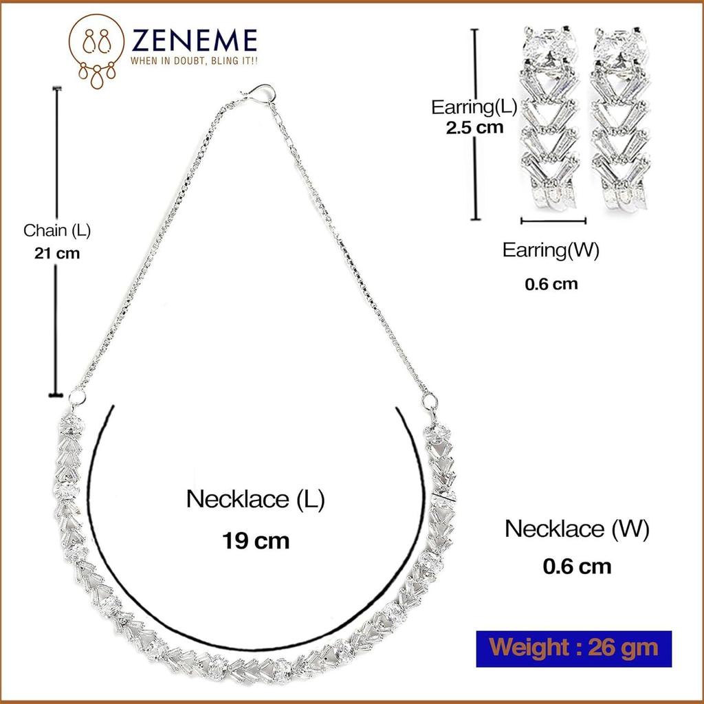 Rhodium Plated Silver Toned White American Diamond Studded Necklace With Earring Jewellery Set For Woment and Girl