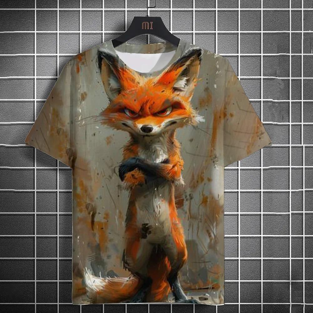 New Fashion Men's Casual T-shirt 3D Printing Fun Animal Print Short Sleeve Street Fashion Wolf Fox Print Round Neck Top