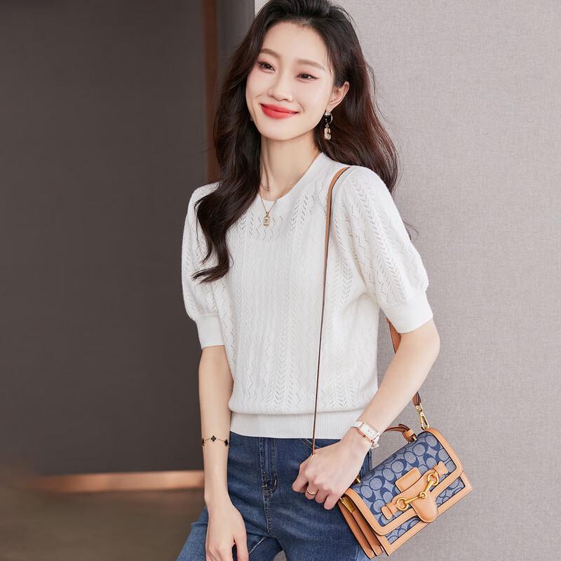 

Srcr Fine Wool Openwork Half Sleeve Knit Top One Size