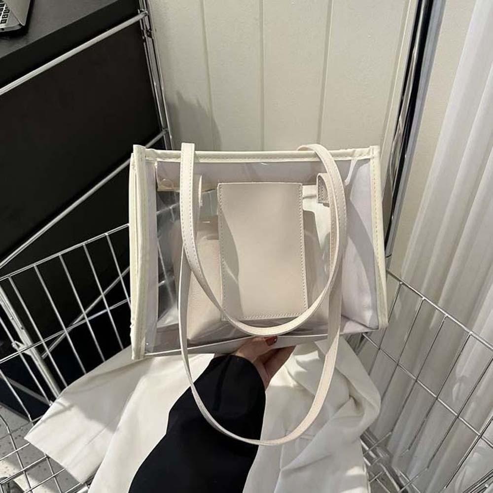 2pcs/set Elegant Transparent Jelly Bag PU Leather Handbag Clutch Bag Clear PVC Shoulder Bag Travel