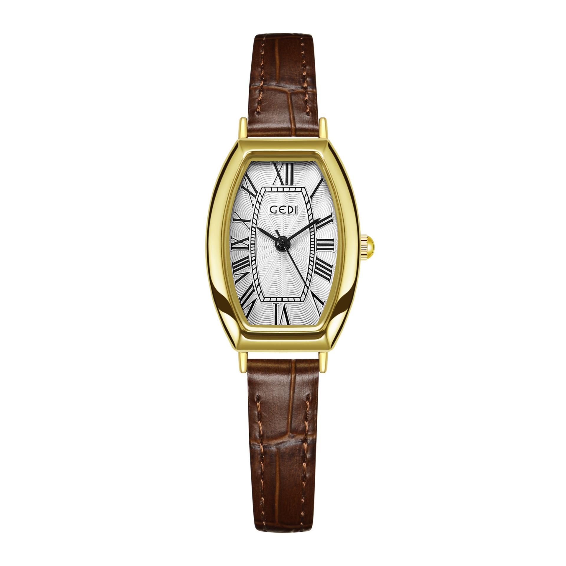 

Small Roman Scale Women S Watch Retro Wine Barrel Shape Student Watch Niche High-End Quartz Watch темно-коричневого кольору