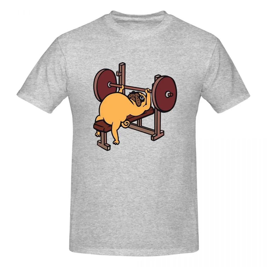 Pug Bench Press T-shirt Men's Funny Tee Men Round Neck Short Sleeve Retro Street High-quality Crew-neck Short-sleeved Men's Tee