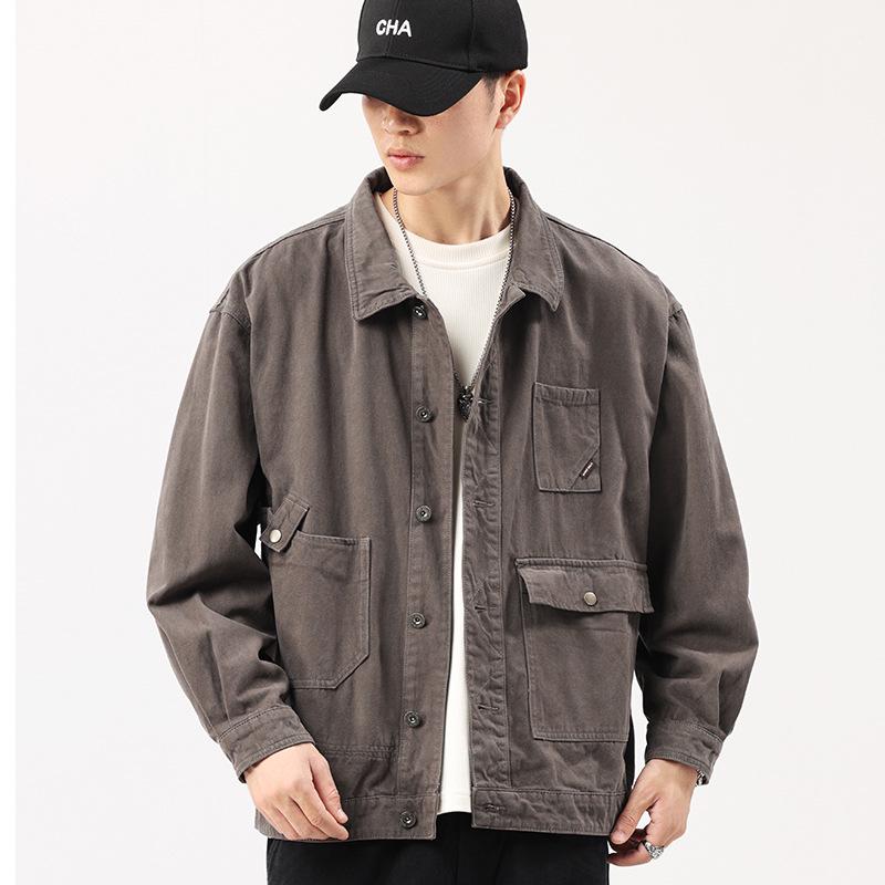 

Men s Retro Grey Washed Workwear Jacket: Autumn/Winter Loose Casual Lapel Coat 4XL