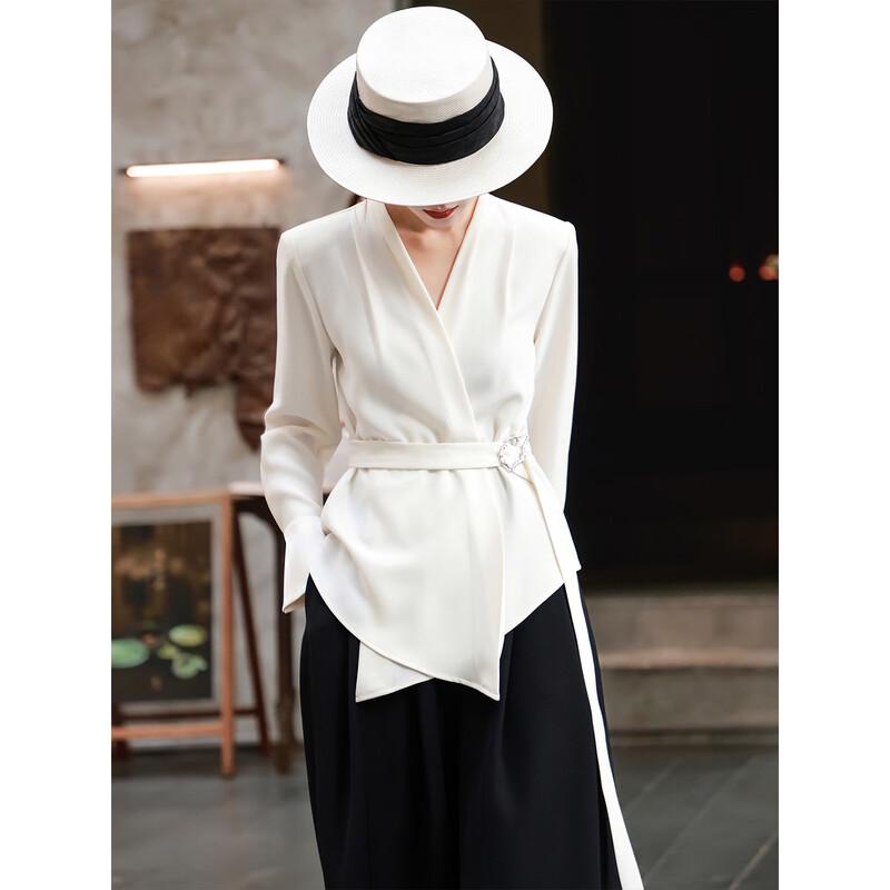 Women s V-neck Long Sleeve Tie-Waist Commuter Shirt XL