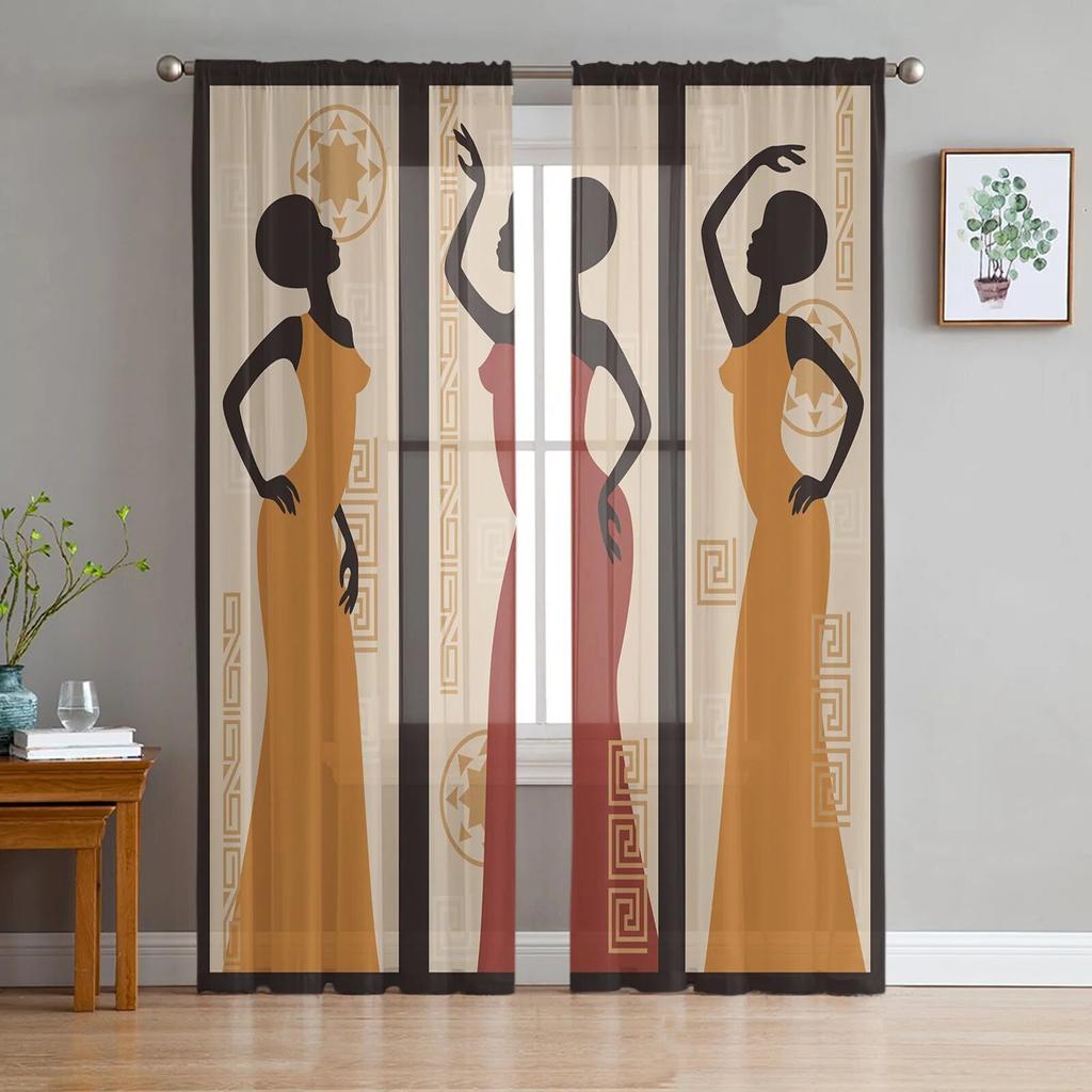 African Woman Dance Culture Vase Modern Tulle Curtains for Living Room Bedroom Home Kitchen Window Sheer Curtains