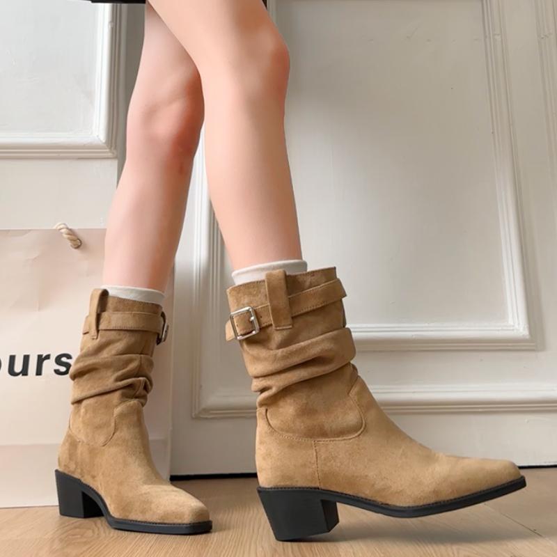 Autumn Winter Suede Pointed Toe Women Ankle Boots Fashion Slip On Thick Heel Shoes Ladies Elegant Slim Short Booties